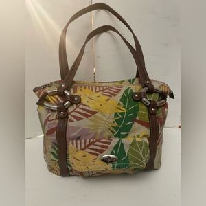 Vintage Relic cream colored/green red yellow tropical print canvas satchel